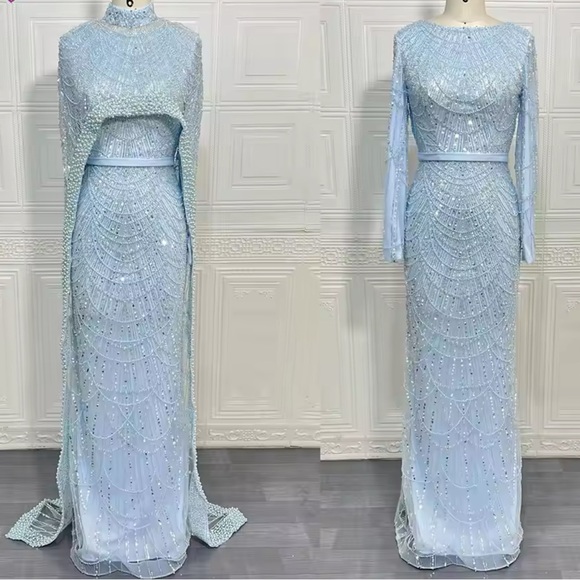 Dubai Arabia  Nude Mermaid  Long  Cape Luxury Evening Dresses Gowns - Picture 11 of 13